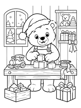 A cute christmas bear coloring page featuring a teddy building toys in a workshop.