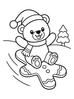 A fun christmas bear coloring page with a cute bear sledding downhill on a giant gingerbread cookie.