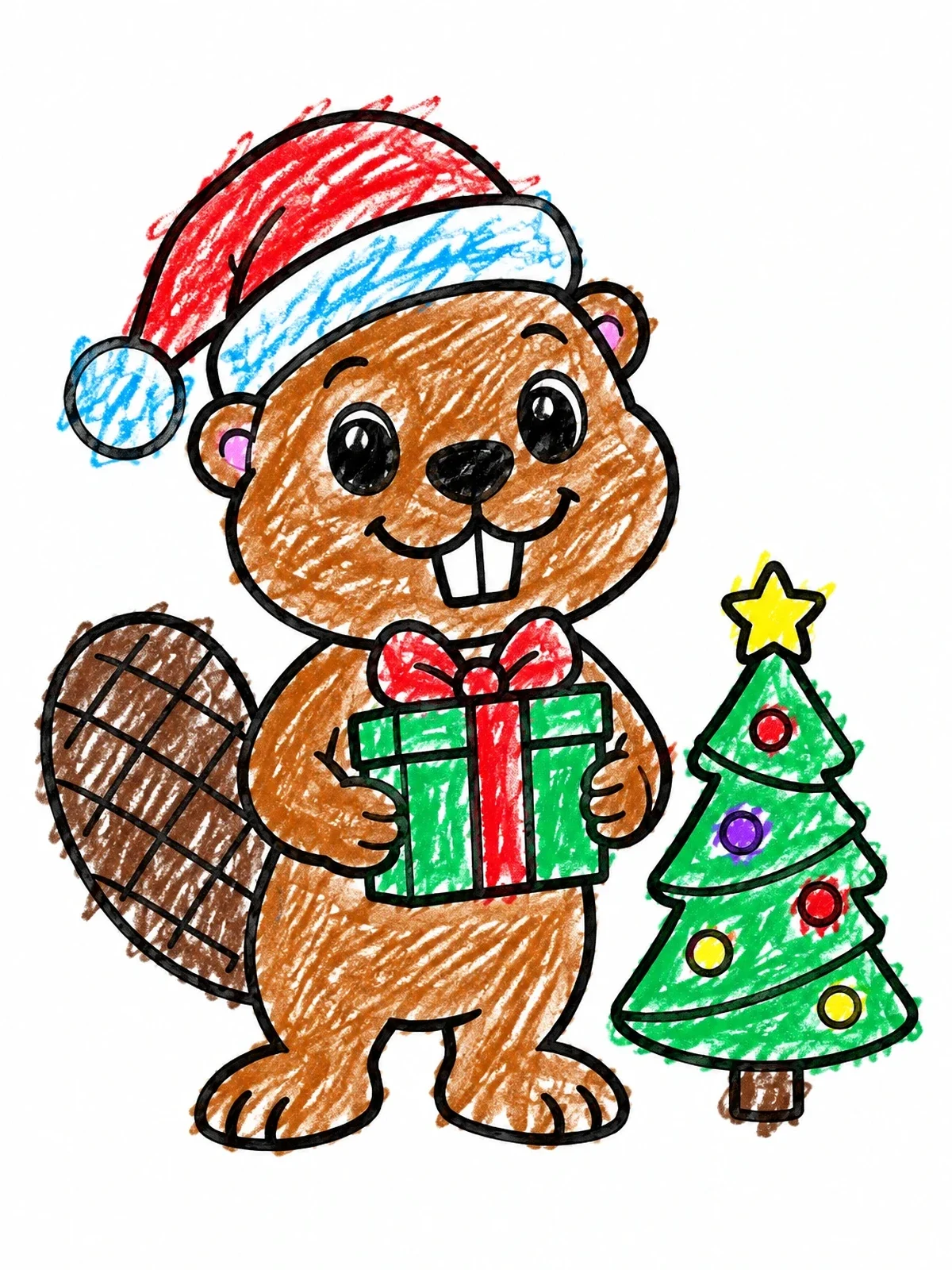 Colored example of the Cute Beaver Celebrating Christmas Holiday coloring page