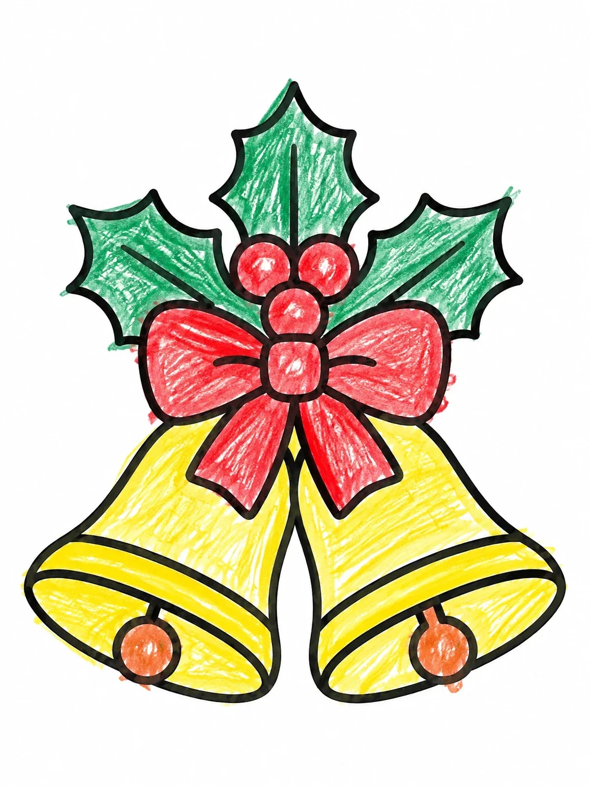 Colored example of the Christmas Bells With Holly And Ribbon coloring page
