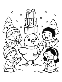 A cute christmas bird coloring page with presents stacked on its head surrounded by happy kids.