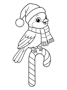 A cheerful christmas bird coloring page featuring a little bird in a Santa hat perched on a candy cane.