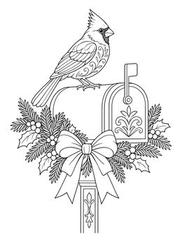 A detailed christmas bird coloring page featuring a cardinal perched on an evergreen-adorned mailbox.