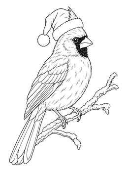 A detailed christmas bird coloring page featuring a cardinal wearing a small Santa hat on a branch.