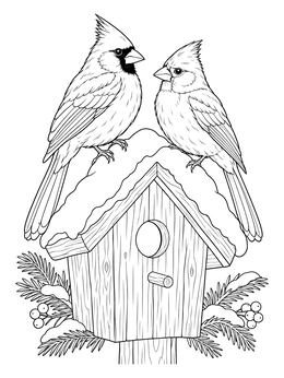 Two cardinals rest atop a rustic snowy birdhouse in this christmas bird coloring page.
