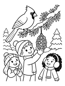 Free printable Children Feeding Winter Cardinal Bird coloring page