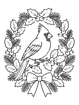 Free printable Festive Cardinal Inside Holly Wreath coloring page