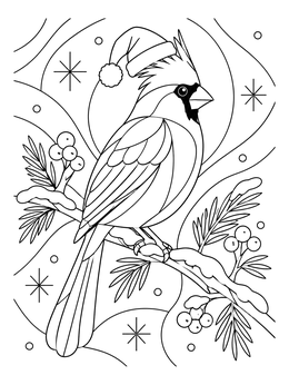 A festive cardinal perches on a snowy branch in this christmas bird coloring page.