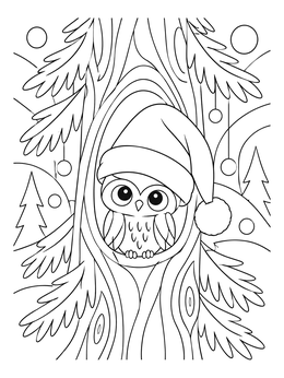 Cute owl in a tree hollow on this festive christmas bird coloring page.