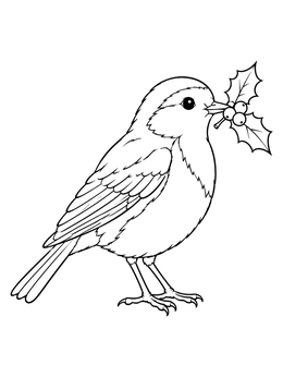 A cute robin holding berries in this christmas bird coloring page.