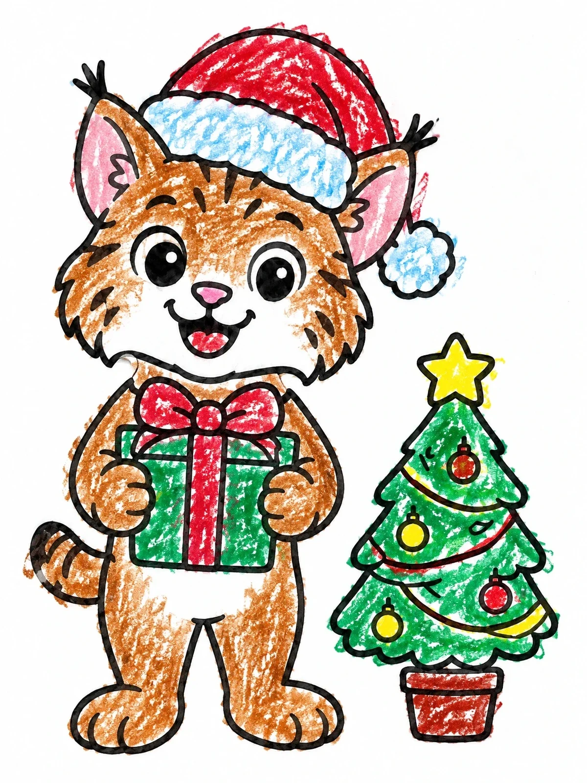 Colored example of the Cute Christmas Bobcat With Gift coloring page