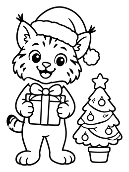 A cheerful bobcat coloring page featuring a kitten in a Santa hat holding a gift near a tree.