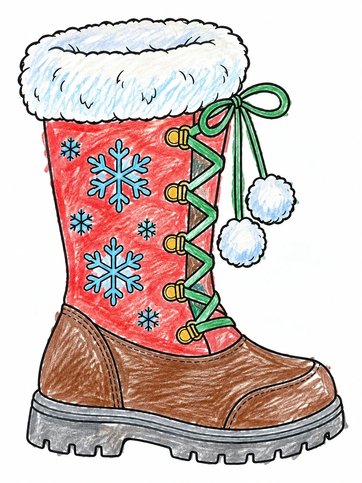 Colored example of the Cozy Winter Boot With Snowflakes coloring page