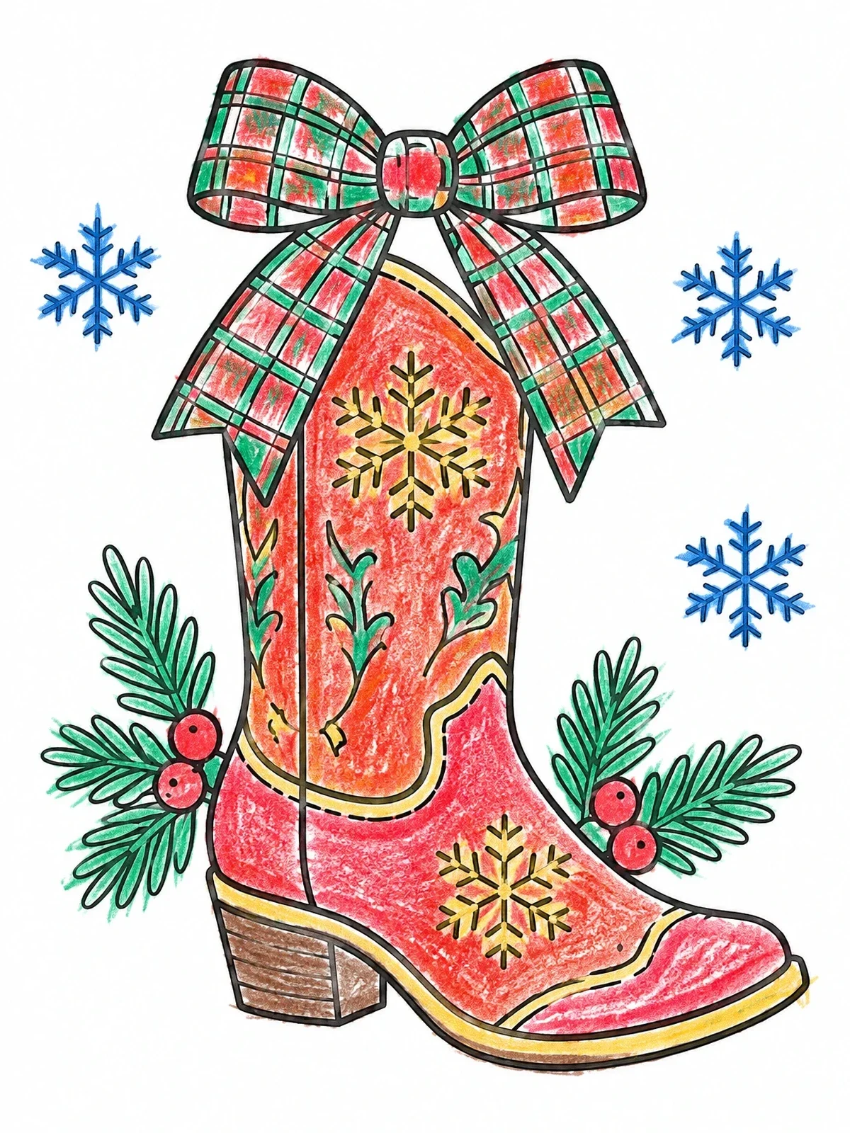 Colored example of the Holiday Western Boot With Plaid Bow coloring page