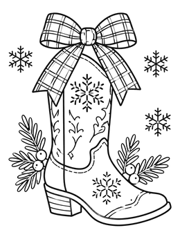 Free printable Holiday Western Boot With Plaid Bow coloring page