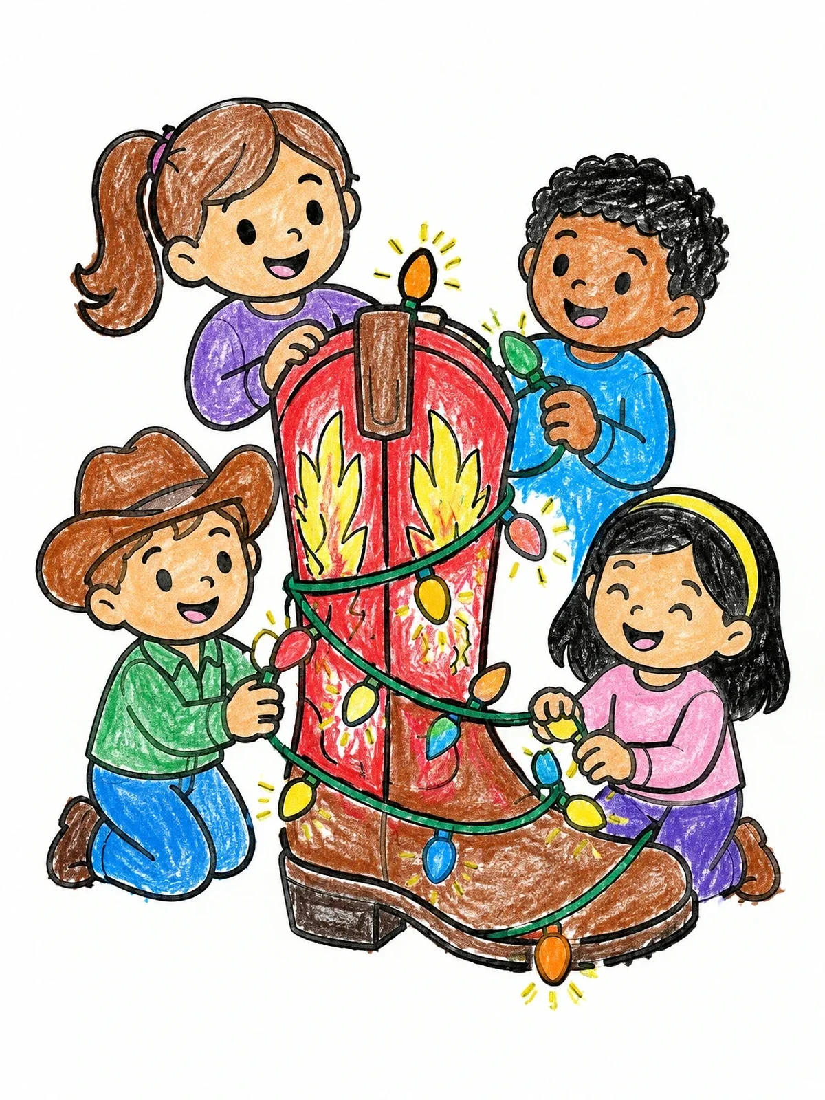 Colored example of the Children Decorating A Western Boot coloring page