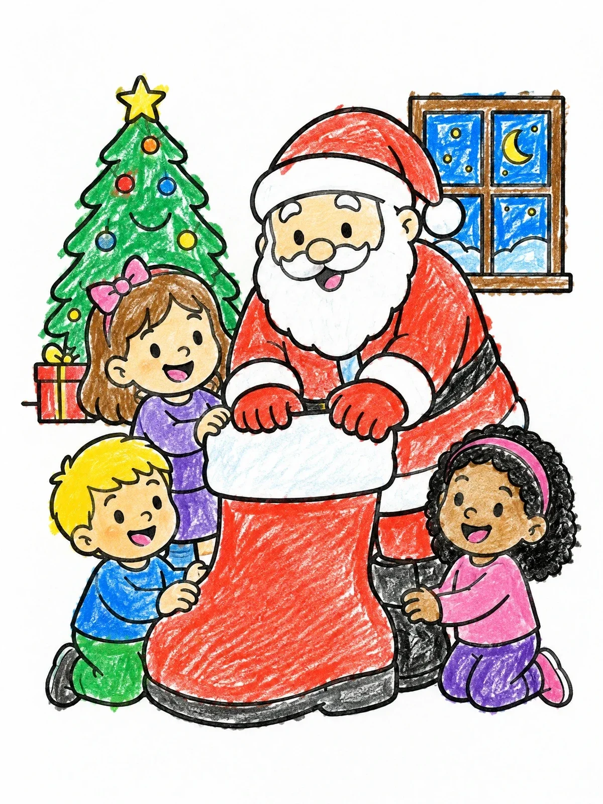 Colored example of the Santa And Children With Giant Boot coloring page