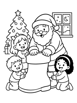 Free printable Santa And Children With Giant Boot coloring page