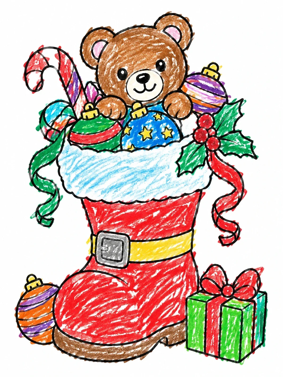 Colored example of the Santa Boot With Cute Teddy Bear coloring page