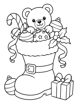 Free printable Santa Boot With Cute Teddy Bear coloring page