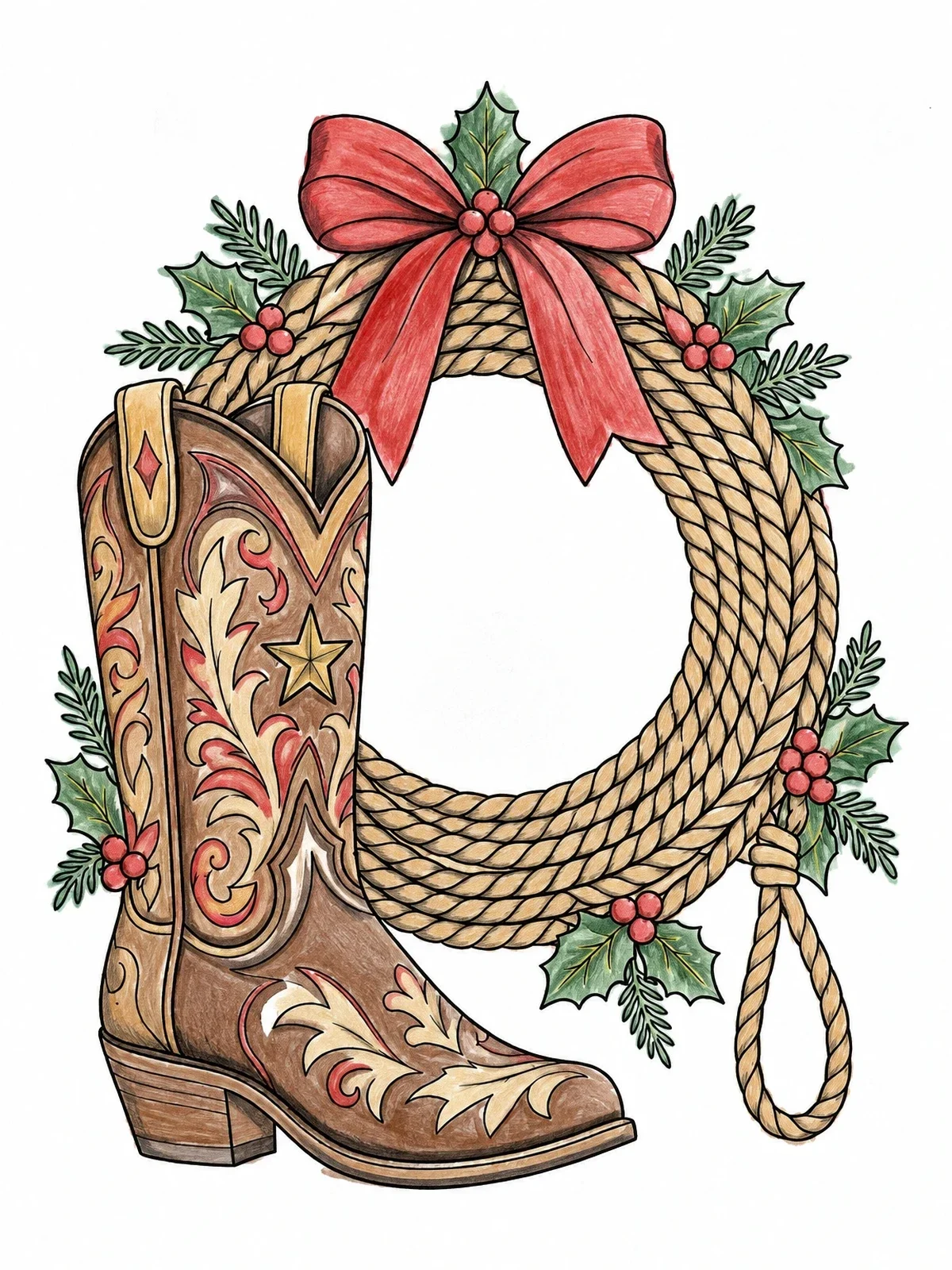 Colored example of the Western Holiday Boot And Lasso Wreath coloring page