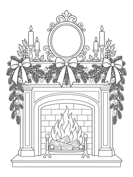 A decorated mantel features festive ribbons in this christmas bows coloring page.