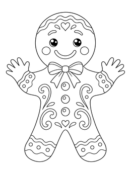 A cheerful gingerbread man with a bowtie on this christmas bows coloring page.