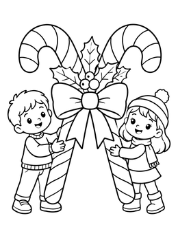 Free printable Children With Candy Canes And Bow coloring page
