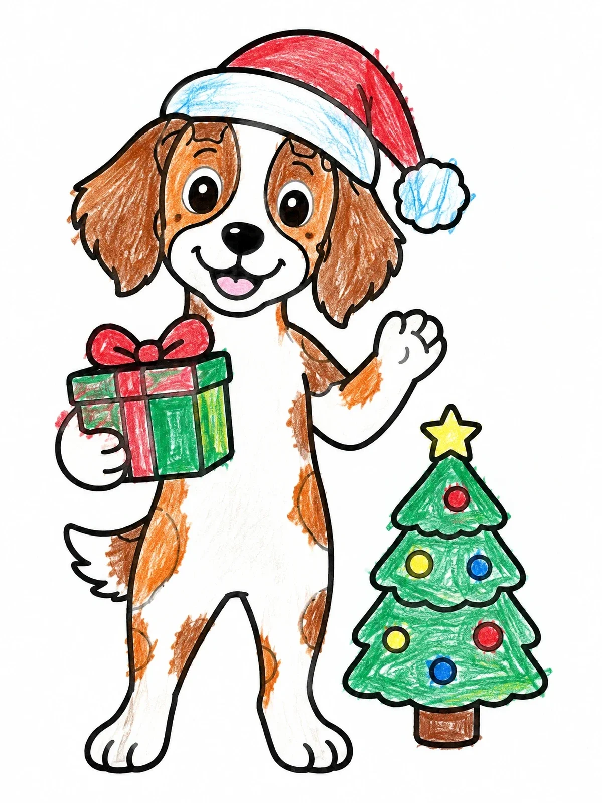 Colored example of the Christmas Brittany Dog With Present coloring page