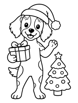 Free printable Christmas Brittany Dog With Present coloring page