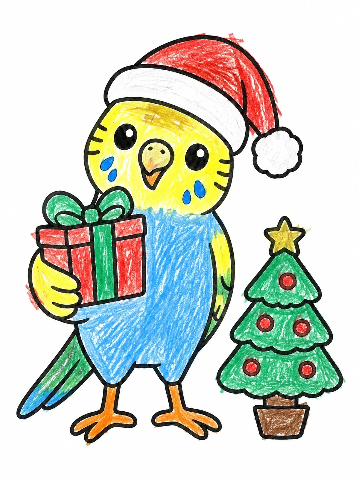 Colored example of the Festive Budgie With Christmas Gift coloring page