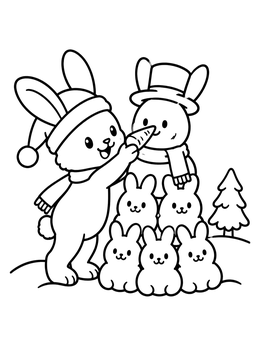A cute christmas bunny coloring page showing a rabbit decorating a snowbunny pyramid with a carrot nose.