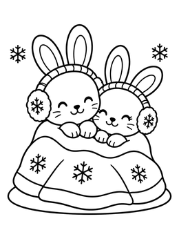 A cute christmas bunny coloring page with two little rabbits snuggled under a snowflake blanket.