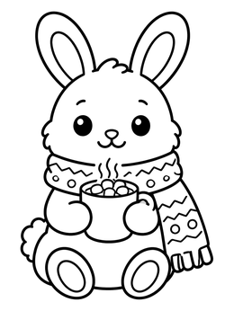 Free printable Cozy Winter Bunny With Cocoa coloring page