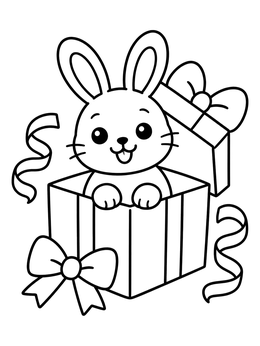 A happy rabbit pops out of a present in this christmas bunny coloring page.