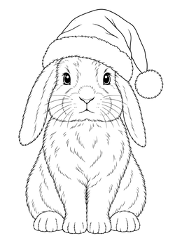 A fluffy lop-eared christmas bunny coloring page wearing a holiday Santa hat.