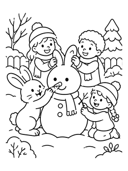 A sweet christmas bunny coloring page showing kids and a rabbit decorating a snow bunny together.