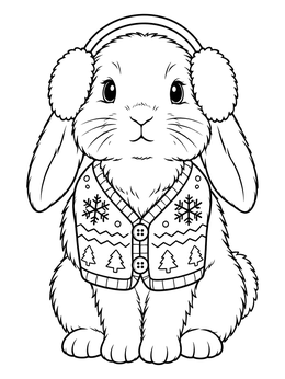 A fluffy christmas bunny coloring page featuring a lop-eared rabbit wearing earmuffs and a festive holiday vest.