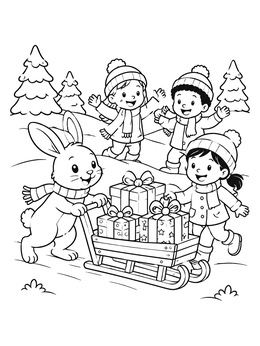 A cute christmas bunny coloring page with happy children pushing a sled full of gifts.
