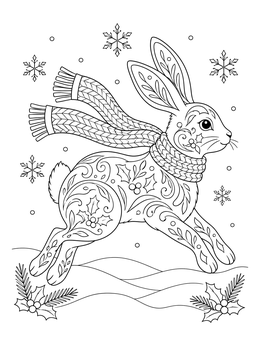 An ornate christmas bunny coloring page featuring a patterned rabbit leaping across snowy ground.