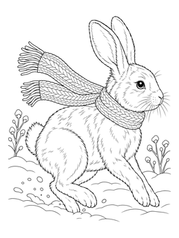 A realistic christmas bunny coloring page featuring a rabbit running in snow wearing a knitted scarf.