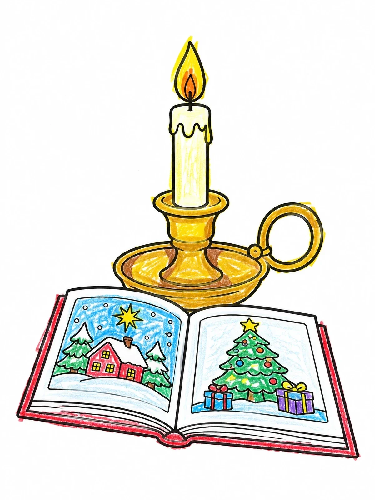 Colored example of the Holiday Candle And Storybook coloring page
