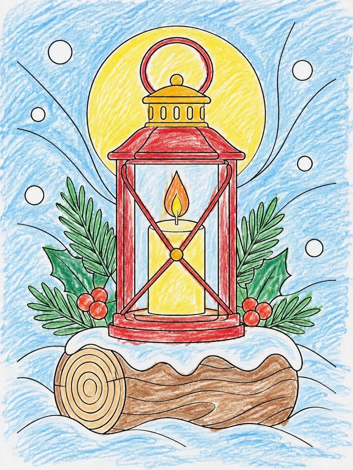Colored example of the Cozy Winter Candle Lantern coloring page