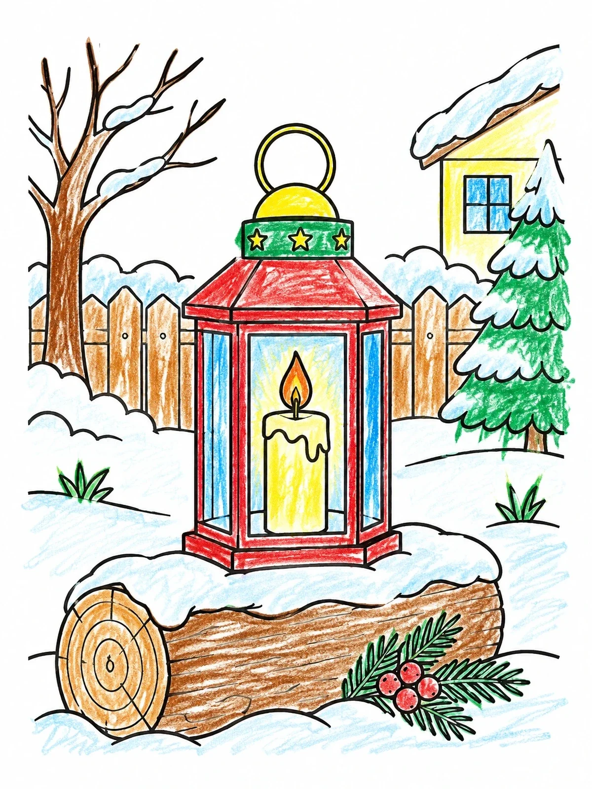 Colored example of the Cozy Winter Candle Lantern On Log coloring page