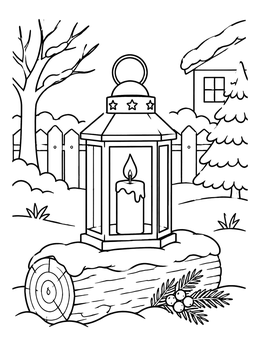 Free printable Cozy Winter Candle Lantern On Log coloring page