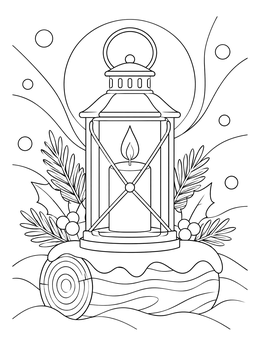 A peaceful christmas candle coloring page featuring a glowing lantern resting on a snowy log.