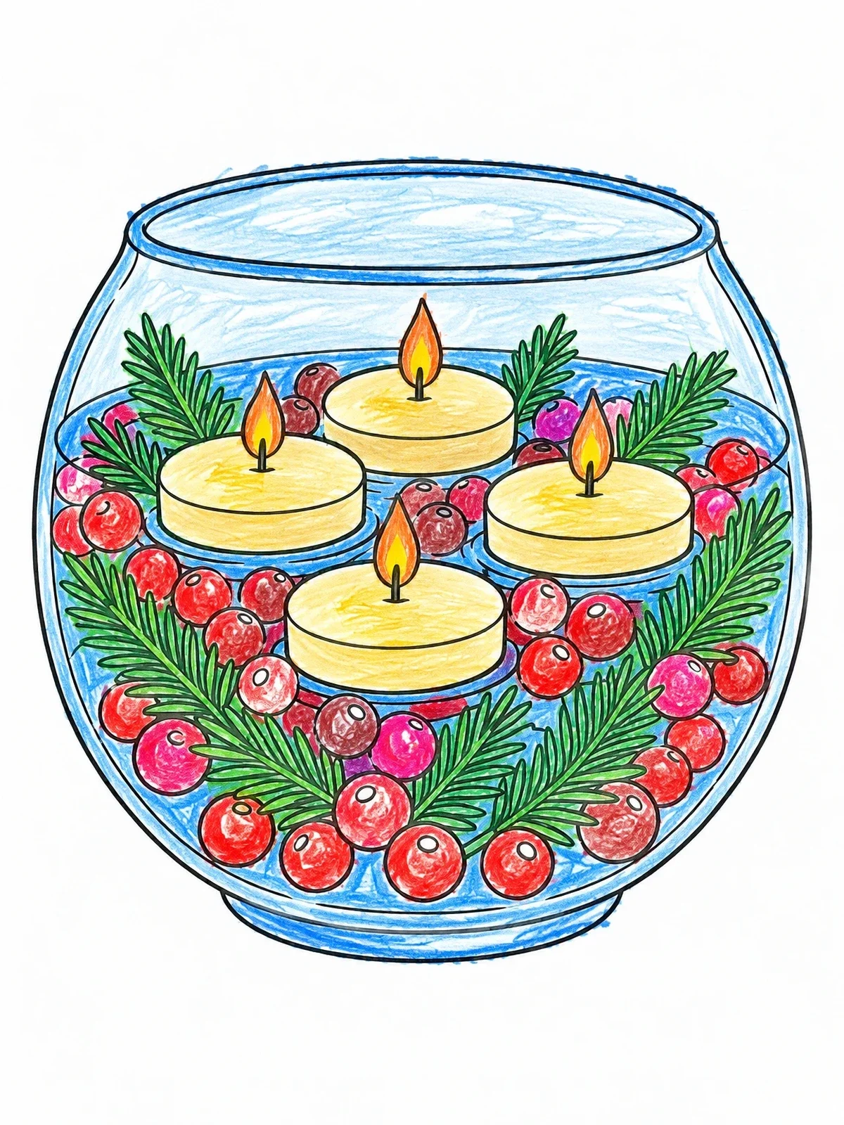 Colored example of the Floating Holiday Candles In Glass Bowl coloring page