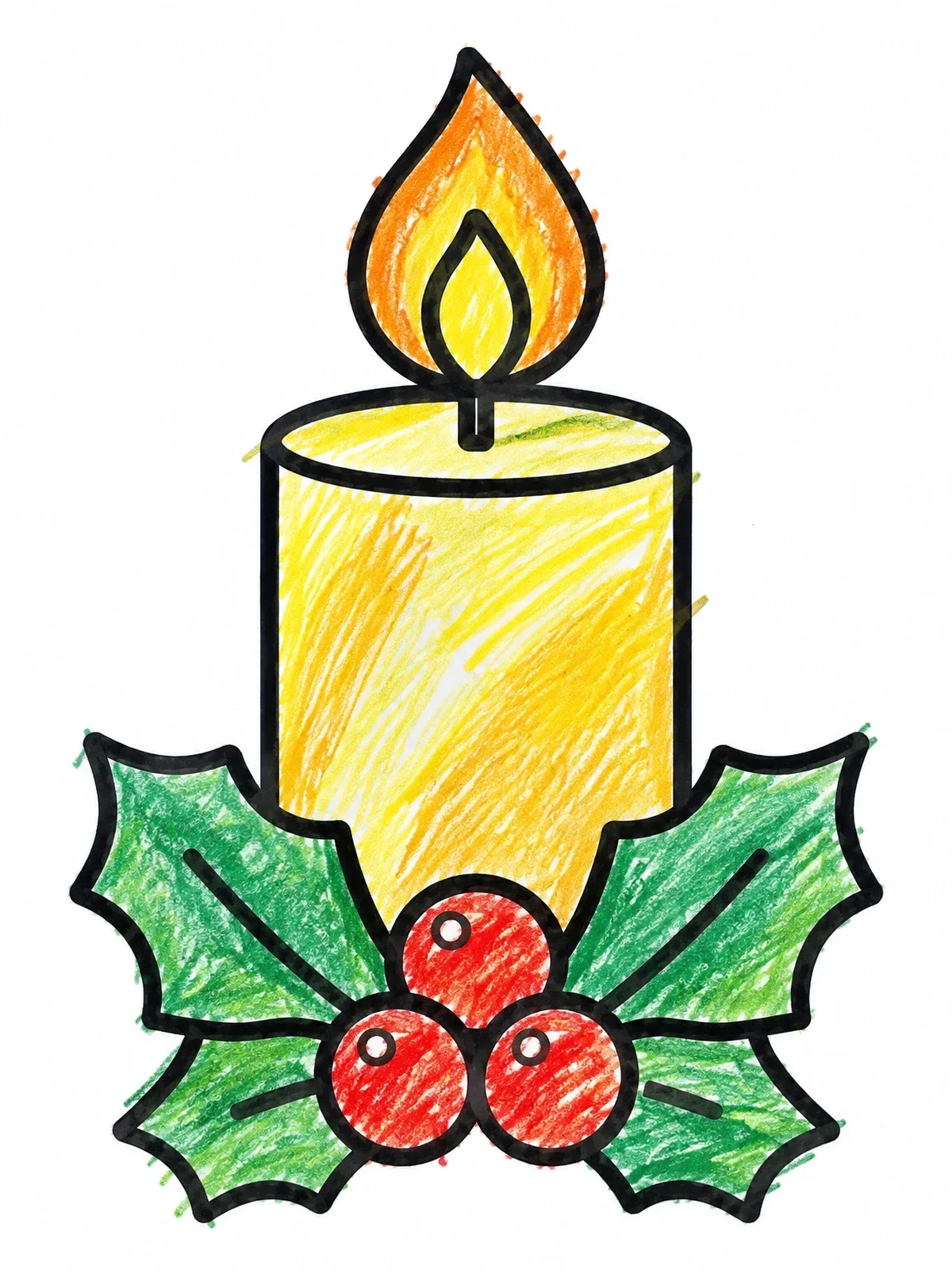 Colored example of the Christmas Candle With Holly Leaves coloring page