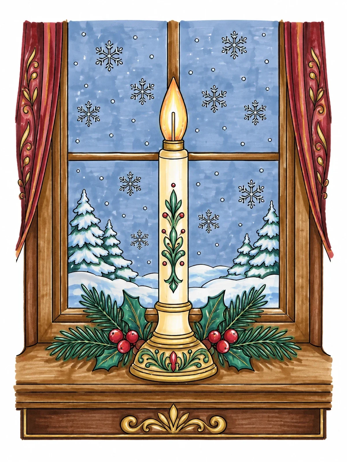 Colored example of the Window Candle With Winter Scene coloring page