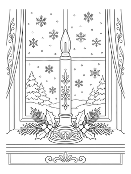 A festive window scene in this christmas candle coloring page with falling snow outside.